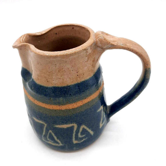 Vintage Studio Handcrafted Pottery Blue & Beige Stoneware Cream Pitcher Signed - Picture 1 of 9